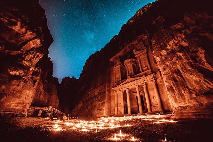 A night shot of the lost city of Petra in Jordon
