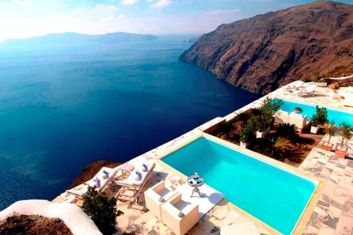A view of infinity pool in Csky Hotel in Santorini in Greece