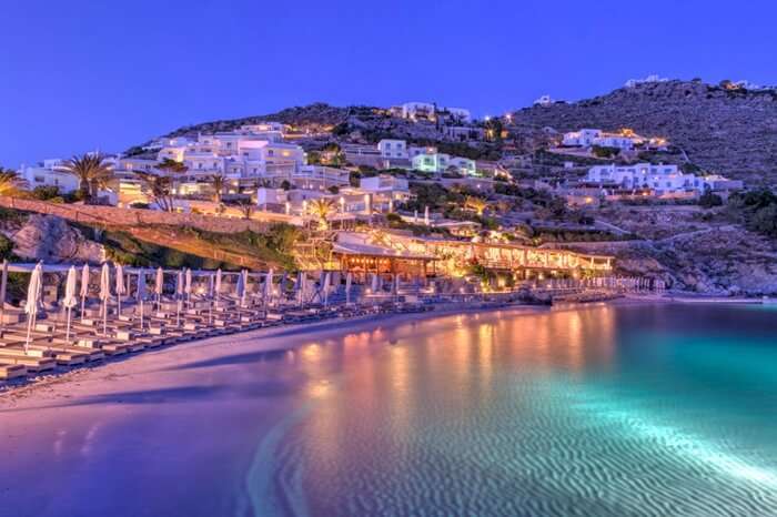 A well lit private beach in Santorini Greece