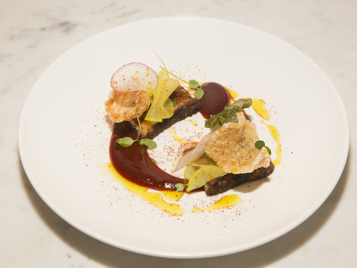 A plate with two pieces of protein, sauce, and garnish.