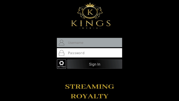 After you install the KingsMedia IPTV application on your streaming device, you enter your account login information on this screen.