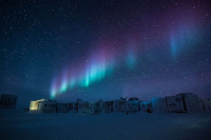 Auroa Australis over the base camps in Antarctica
