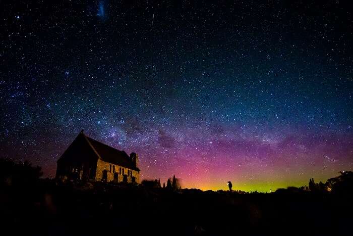 Australis aurora at the Church of the Good Shepherd near Lake Tekapo in New Zealand