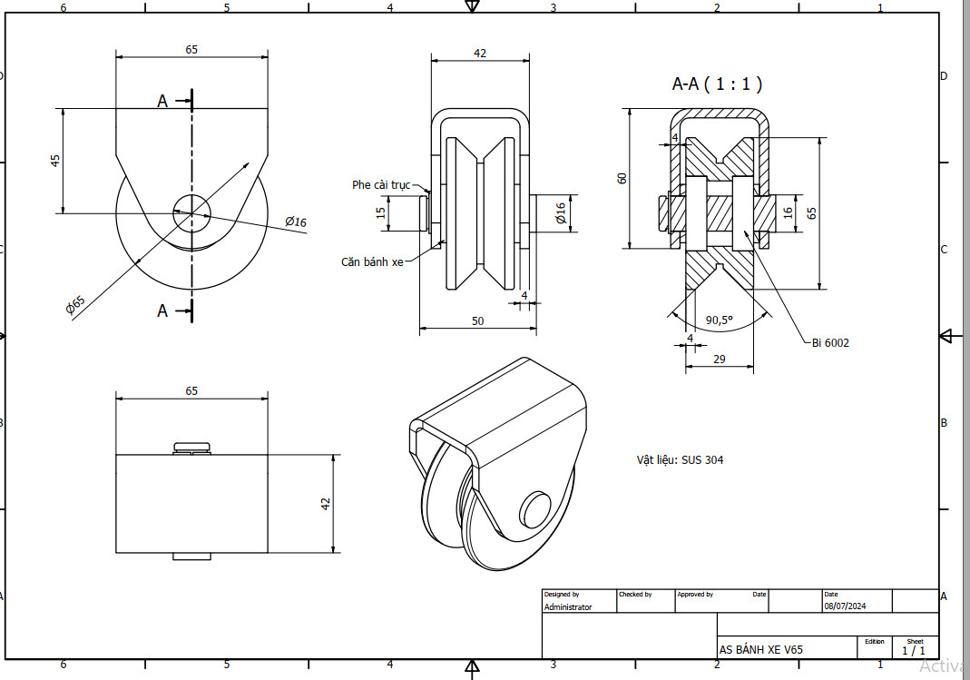 Bánh xe cổng trượt ray V kích thước phi 80