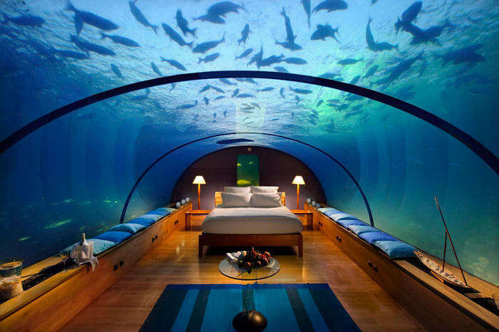 Beautiful dining in the ocean in the underwater hotel in Maldives