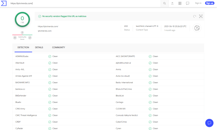 Before we review the IPTV Trends service, I first want to scan the official URL with VirusTotal.