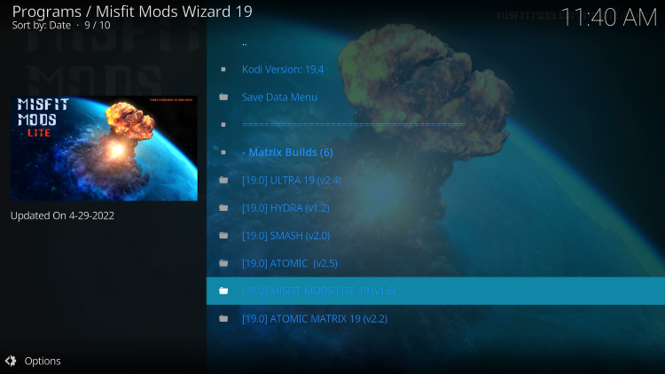 Choose Misfit Mods Lite kodi build