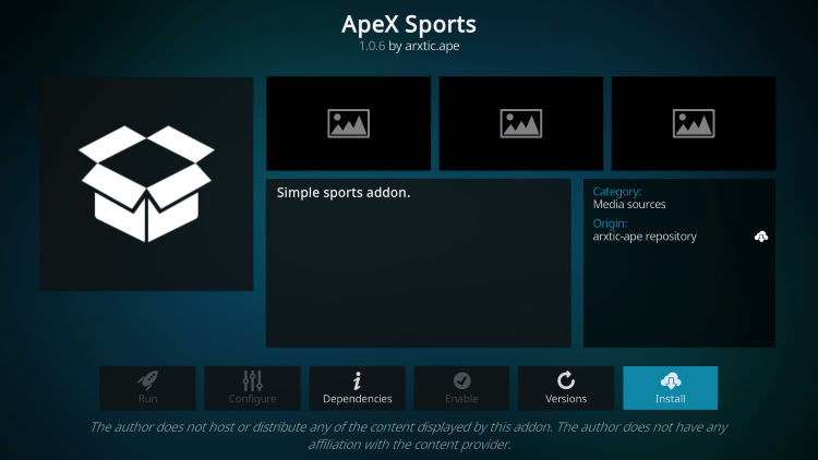Click Install apex sports kodi addon