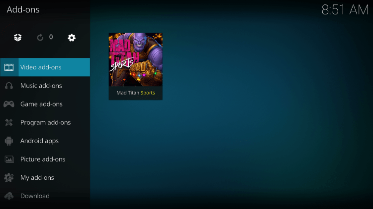 Click Video add-ons and then Mad Titan Sports kodi addon