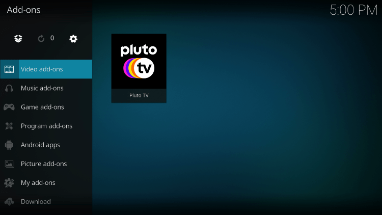 Click Video add-ons and then Pluto TV.