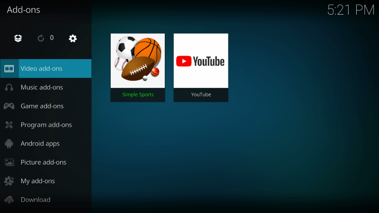 Click Video add-ons and then Simple Sports kodi addon