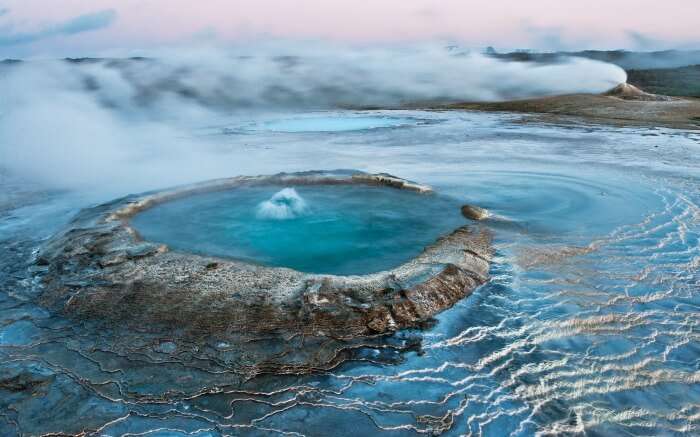 Geyserite precipitate from hot spring water as it cools.