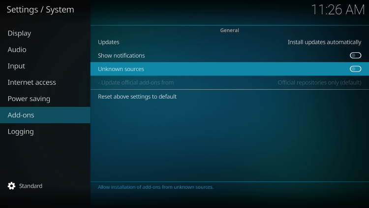 Hover over the Add-ons menu and turn on Unknown sources.