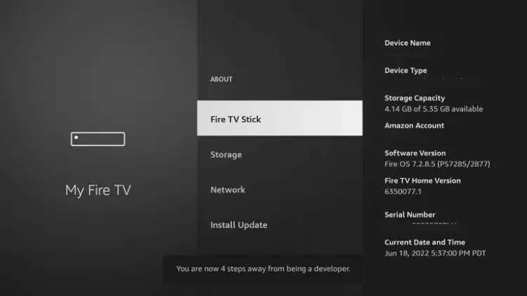Hover overÂ Fire TV StickÂ and click the OK button on your remoteÂ 7 timesÂ to become a developer.