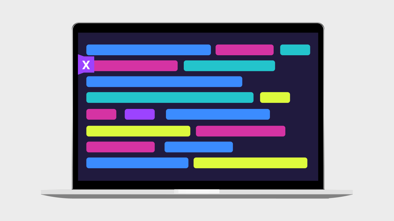 Illustration of colorful bubbles that look like lines of code on laptop with Excel icon