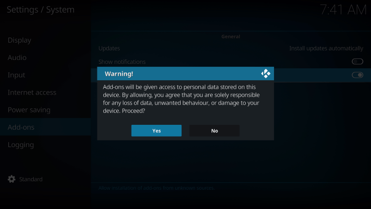Kodi even alerts us during setup that these 3rd party Add-ons will be given access to personal data stored on our device.