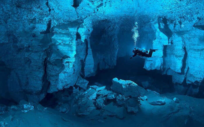 Light gypsum walls and clean cold water make the Orda cave in Russia one of the best places to go diving.