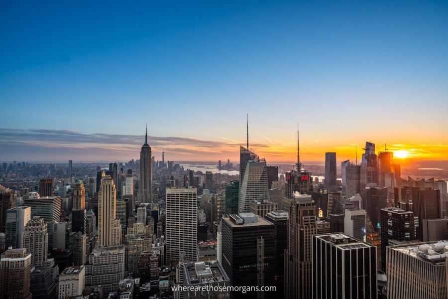 New York City skyline at sunset from Top of the Rock, one of the most famous places to visit in the USA