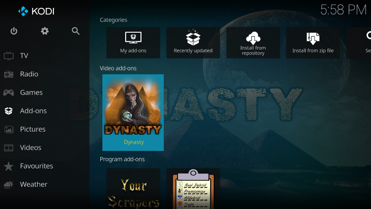 Return back to the home screen of Kodi and hover over Add-ons. Then select Dynasty.
