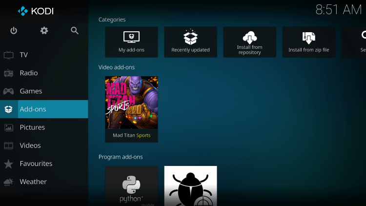 Return back to the home screen of Kodi and select Add-ons from the main menu.