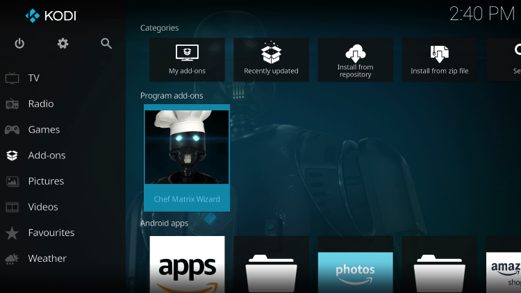 Return back to the home screen of Kodi and select Add-ons from the main menu. Then select Chef Matrix Wizard.