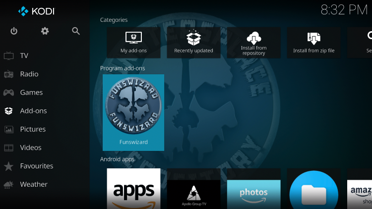 Return back to the home screen of Kodi and select Add-ons from the main menu. Then select Funswizard.