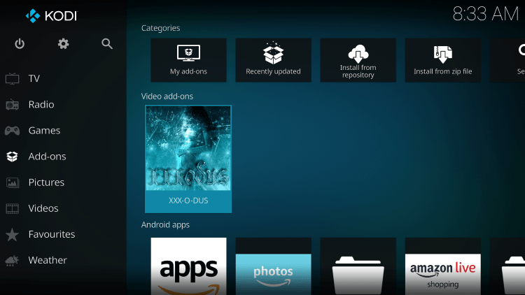 Return back to the home screen of Kodi and select XXX-O-DUSÂ from the main menu.