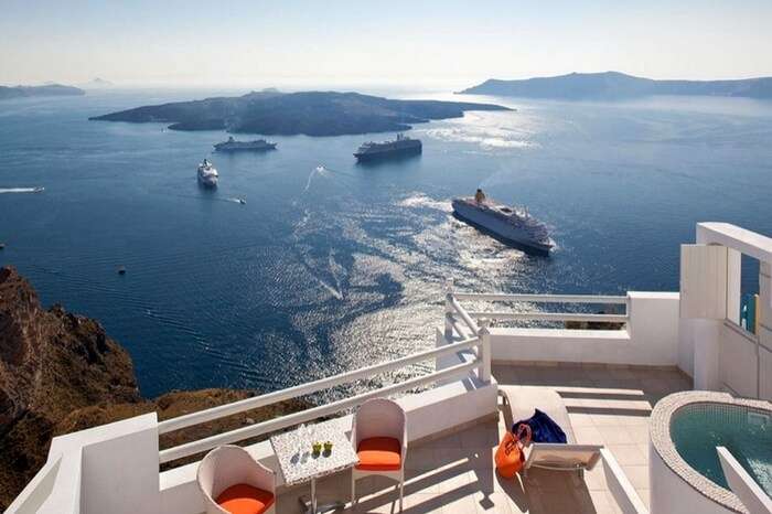 Sea view from the terrace of Adamant Suites in Santorini in Greece