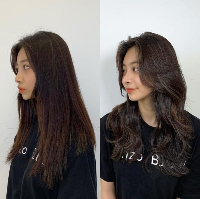 Kiểu tóc layer nữ mặt tròn uốn cụp đuôi