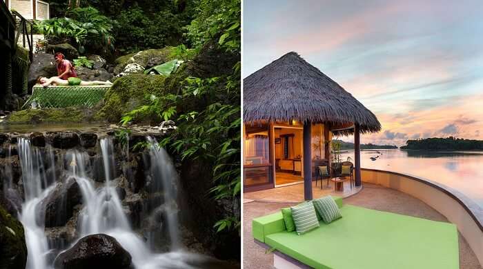 The rainforest spa and a room at the chic Kora Sun Resort