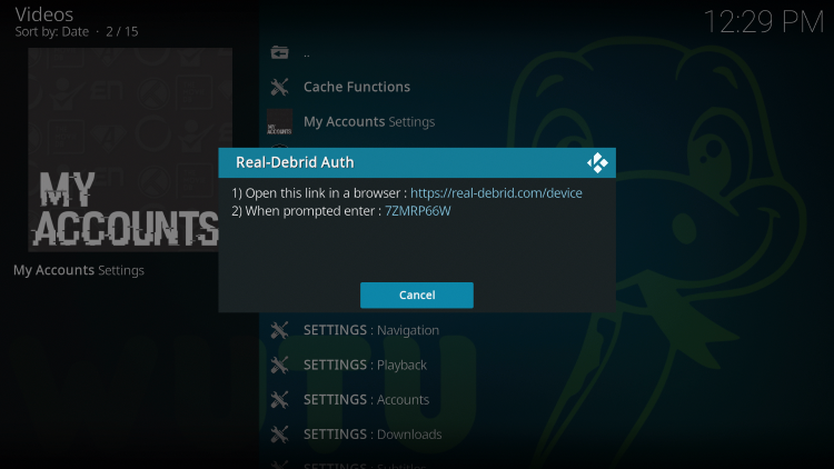 This screen will appear. Write down the code for authorizing Real-Debrid.
