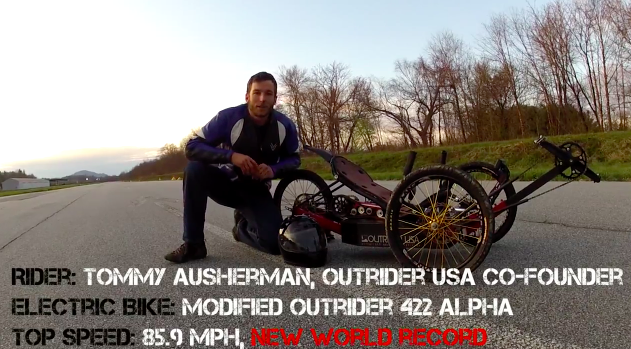 Tommy Ausherman, Co-Founder of Outrider USA, riding a modified 422 Alpha electric bike at 85.9 mph.