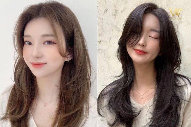 Tóc layer nữ mặt tròn với mái bằng