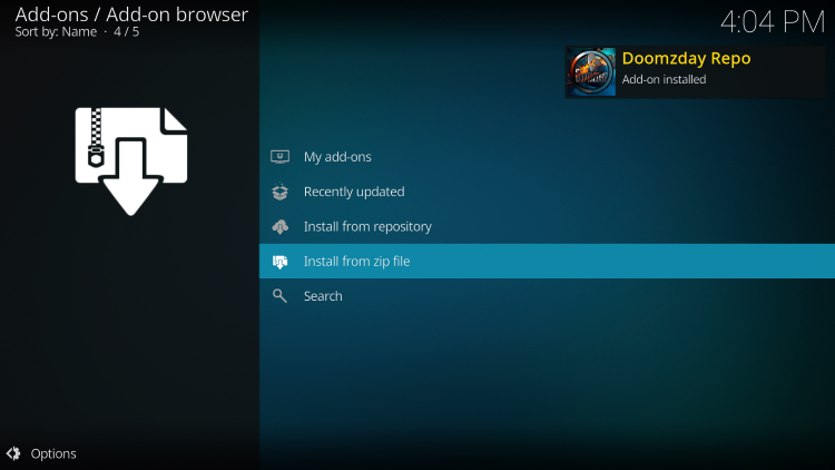 Wait a few seconds for the Doomzday Repo Add-on installed message to appear.