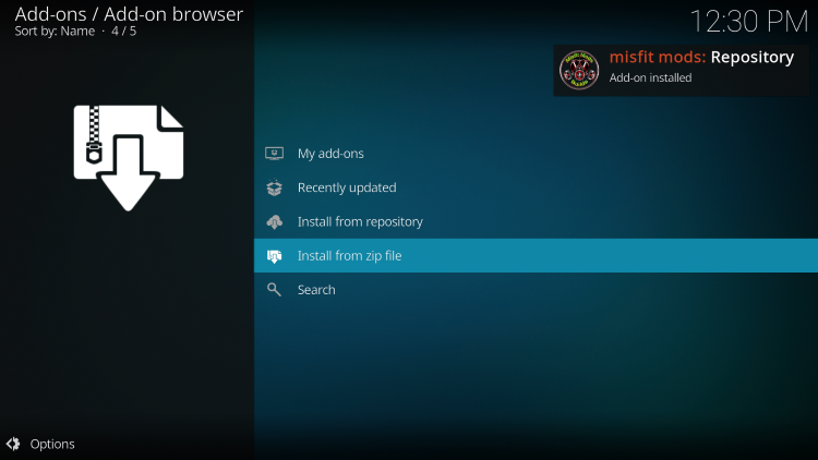 Wait a few seconds for the Misfit Mods Repo Add-on installed message to appear.