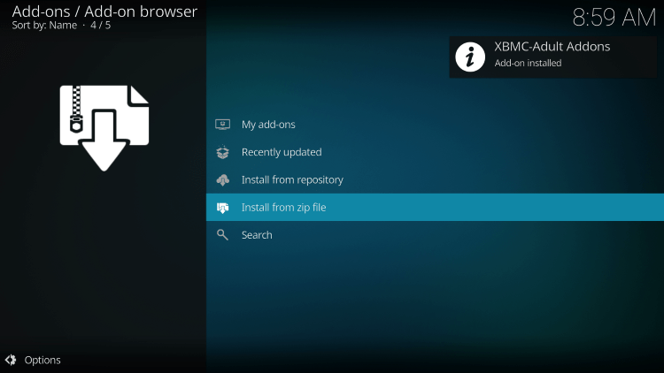 Wait a few seconds for the XBMC-Adult Repository Add-on installed message to appear.