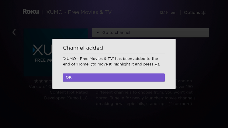 Return to the home screen and locate the XUMO channel to launch it.