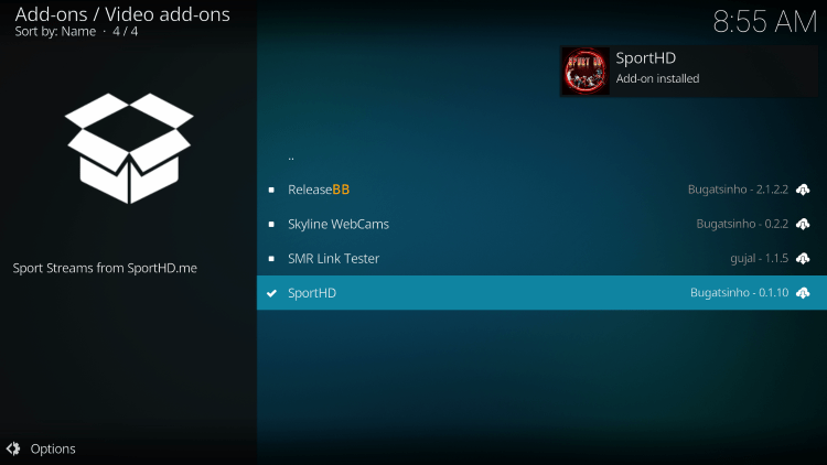 Wait a minute or two for SportHD kodi Add-on installed message to appear.