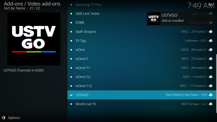 Wait a minute or two for the USTVGO Add-on installed message to appear.