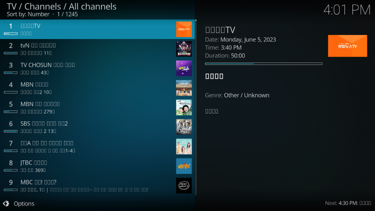 You will now see the list of channels start to populate in Kodi.
