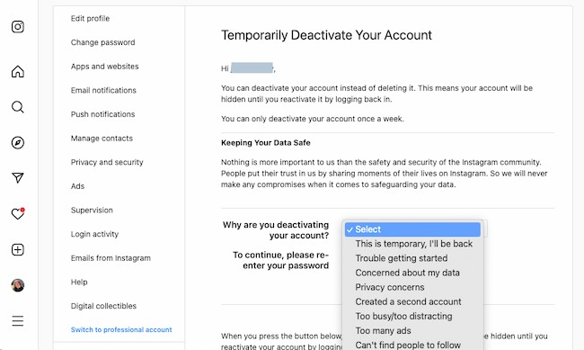 How to deactivate Instagram example: Why are you deactivating your account?