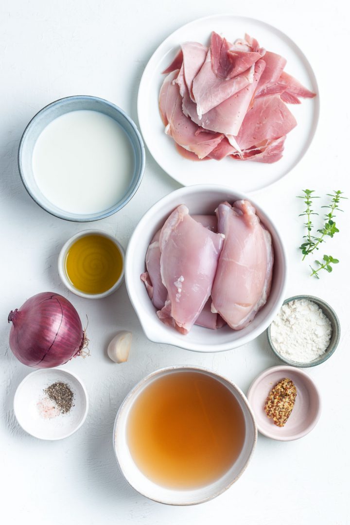 ingredients for chicken and ham pie filling laid out individually
