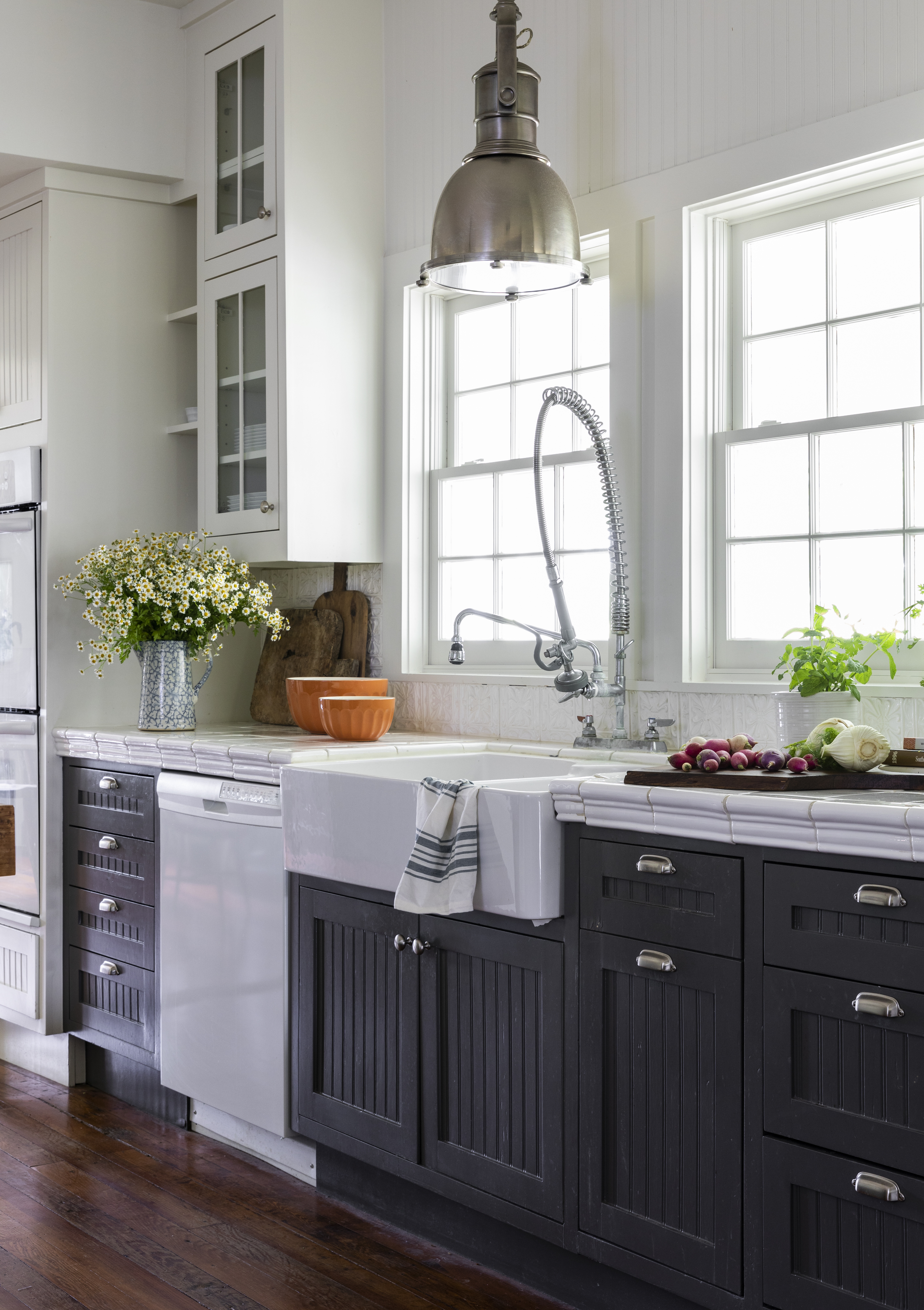 Kitchen sink area with blue cabinets and dishwasher